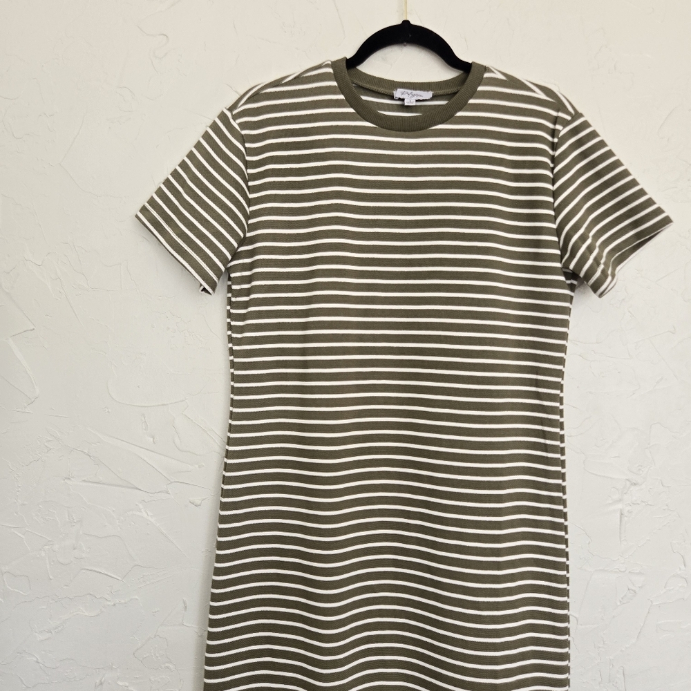 Polagram Green White Striped Tee Midi Shirt Dress, S - Picture 3 of 9